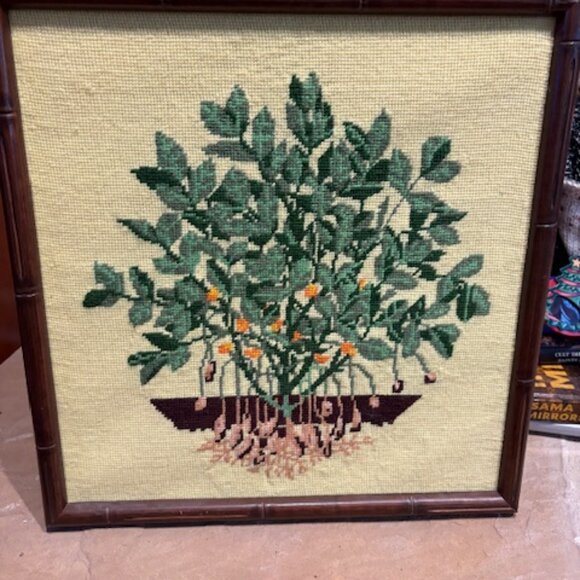 Vintage 1970s Tree with Roots Needlepoint by Kay Hill with Custom Bamboo Frame - Picture 1 of 7